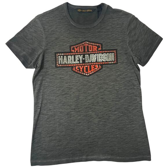 Harley Davidson (M) Raw-Edge Neck Printed Graphic Studded Logo Short Sleeve Tee - Picture 7 of 10